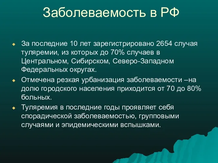 Заболеваемость в РФ За последние 10 лет зарегистрировано 2654 случая