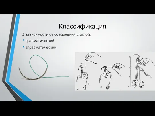 В зависимости от соединения с иглой: травматический атравматический Классификация