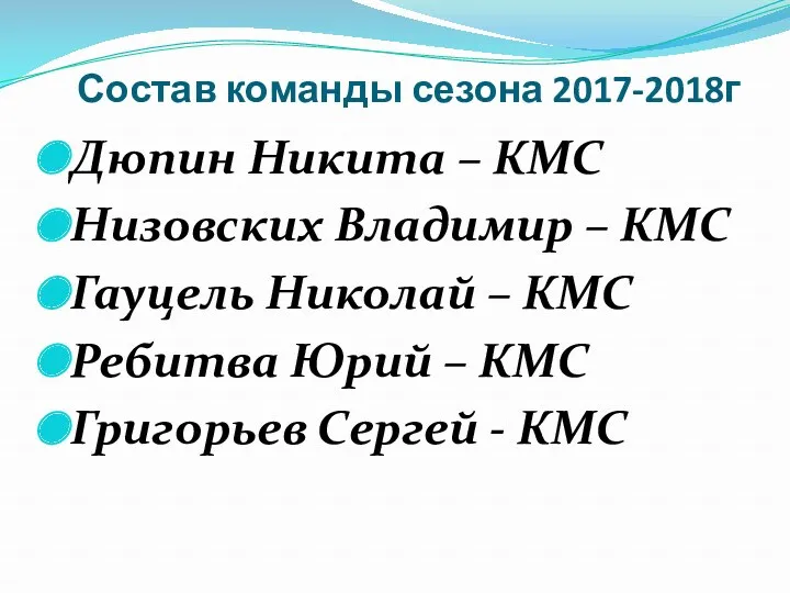 Состав команды сезона 2017-2018г Дюпин Никита – КМС Низовских Владимир