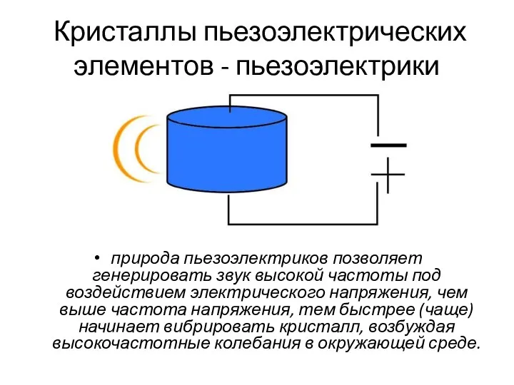 Кристаллы пьезоэлектрических элементов - пьезоэлектрики природа пьезоэлектриков позволяет генерировать звук