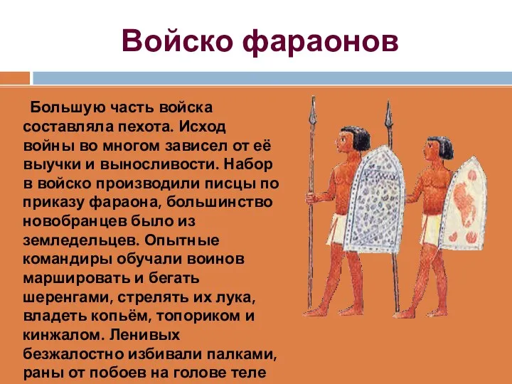 Войско фараонов Большую часть войска составляла пехота. Исход войны во многом зависел от