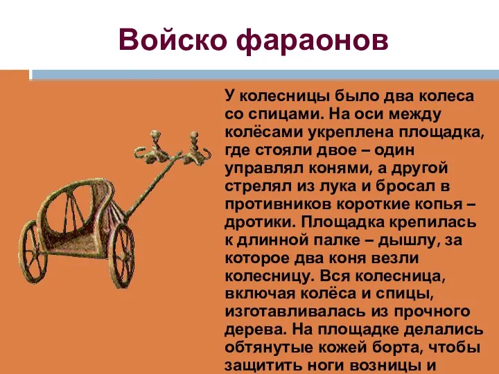 Войско фараонов У колесницы было два колеса со спицами. На