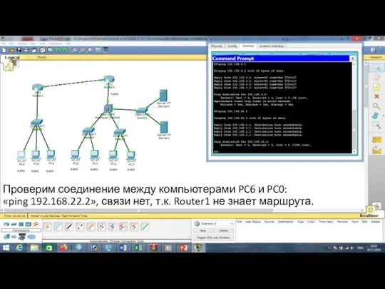 Проверим соединение между компьютерами PC6 и PC0: «ping 192.168.22.2», связи нет, т.к. Router1 не знает маршрута.