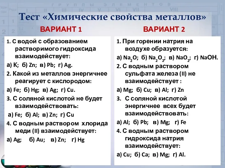 Тест «Химические свойства металлов» ВАРИАНТ 1 1. С водой с