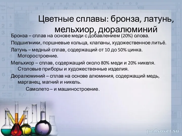 Цветные сплавы: бронза, латунь, мельхиор, дюралюминий Бронза – сплав на