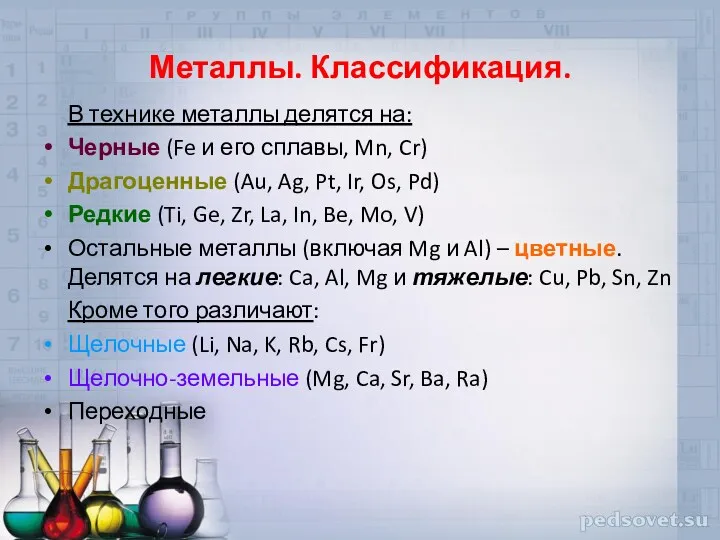 Металлы. Классификация. В технике металлы делятся на: Черные (Fe и