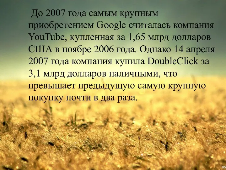 До 2007 года самым крупным приобретением Google считалась компания YouTube,