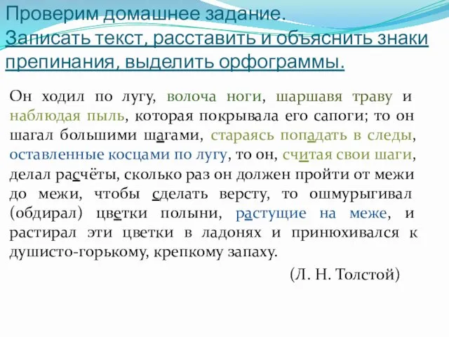 Проверим домашнее задание. Записать текст, расставить и объяснить знаки препинания,