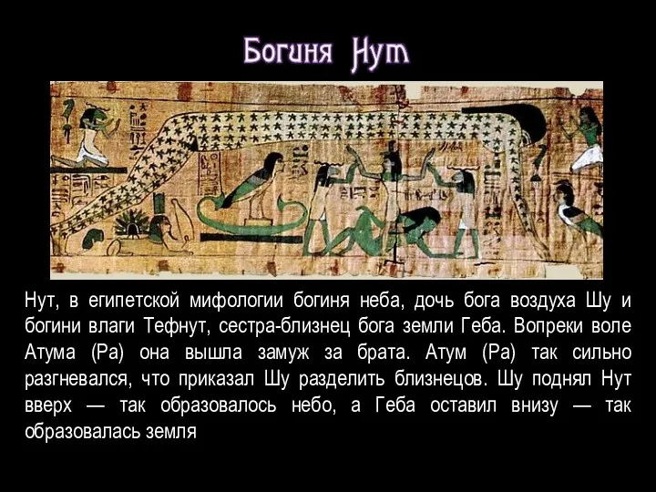 Нут, в египетской мифологии богиня неба, дочь бога воздуха Шy