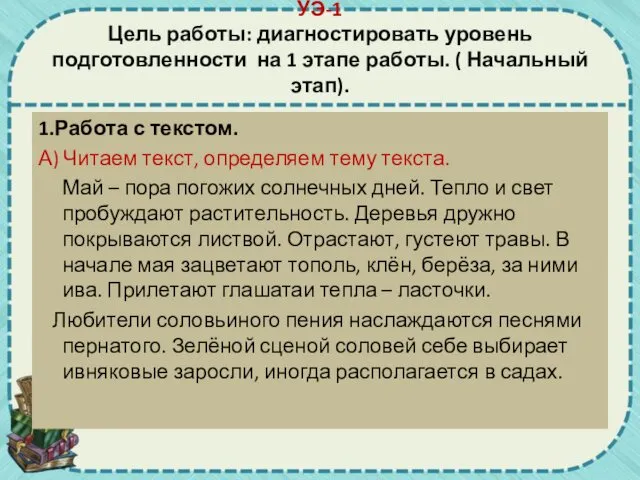 УЭ-1 Цель работы: диагностировать уровень подготовленности на 1 этапе работы.