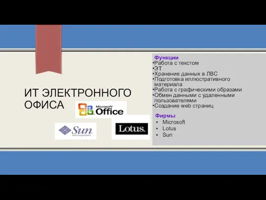 ИТ ЭЛЕКТРОННОГО ОФИСА Функции Работа с текстом ЭТ Хранение данных