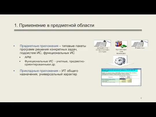 1. Применение в предметной области Предметные приложения – типовые пакеты