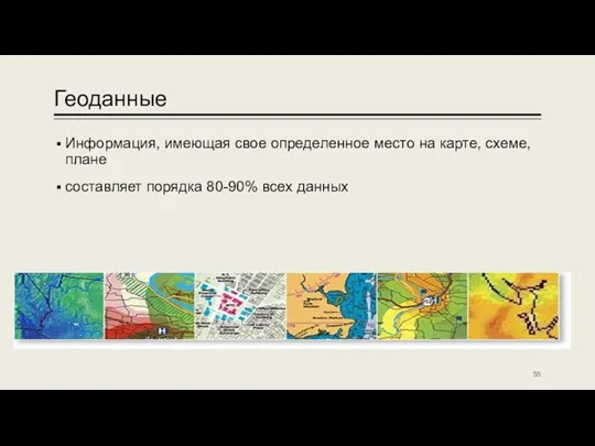 Геоданные Информация, имеющая свое определенное место на карте, схеме, плане составляет порядка 80-90% всех данных