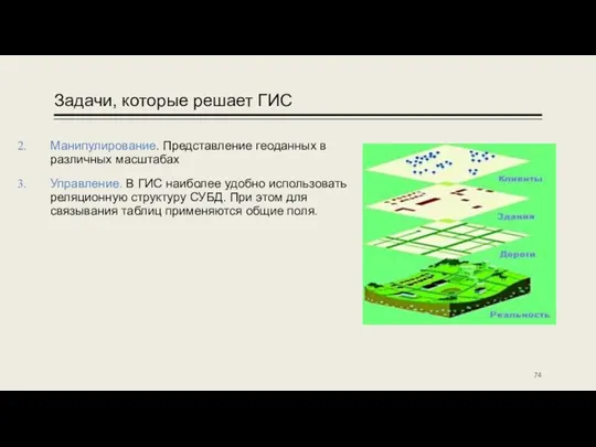 Задачи, которые решает ГИС Манипулирование. Представление геоданных в различных масштабах