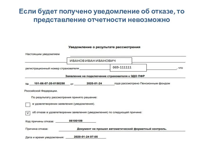 Если будет получено уведомление об отказе, то представление отчетности невозможно