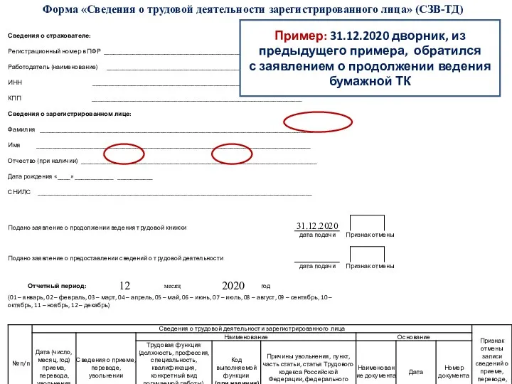 Пример: 31.12.2020 дворник, из предыдущего примера, обратился с заявлением о продолжении ведения бумажной ТК