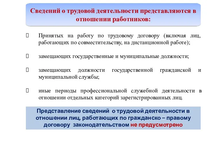 Сведений о трудовой деятельности представляются в отношении работников: Принятых на