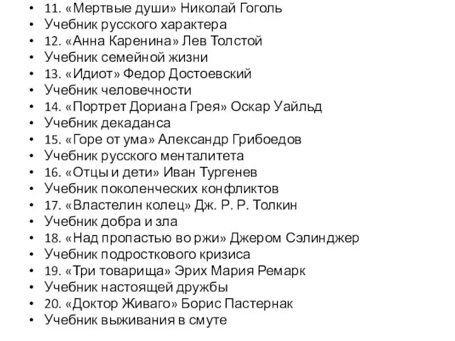 11. «Мертвые души» Николай Гоголь Учебник русского характера 12. «Анна