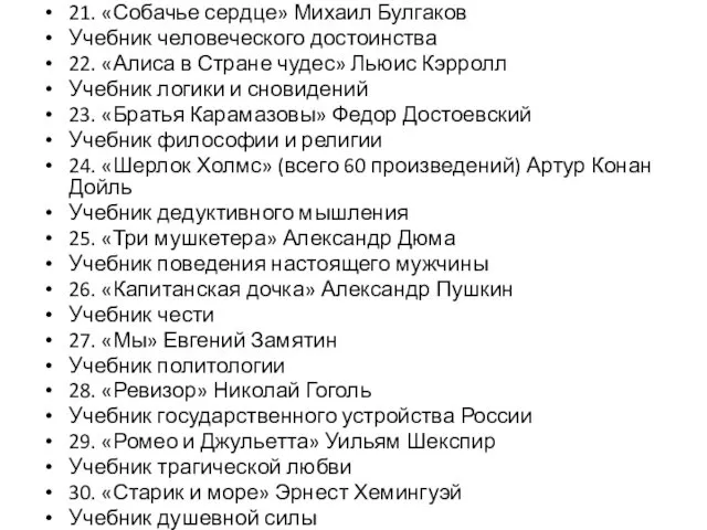 21. «Собачье сердце» Михаил Булгаков Учебник человеческого достоинства 22. «Алиса