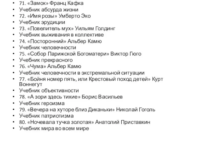 71. «Замок» Франц Кафка Учебник абсурда жизни 72. «Имя розы»