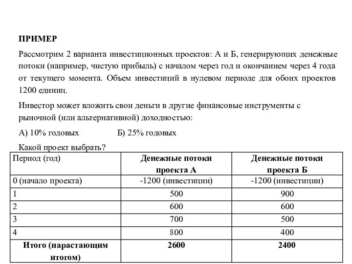 ПРИМЕР Рассмотрим 2 варианта инвестиционных проектов: А и Б, генерирующих