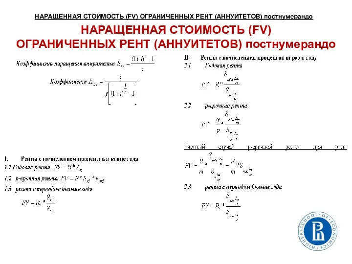 НАРАЩЕННАЯ СТОИМОСТЬ (FV) ОГРАНИЧЕННЫХ РЕНТ (АННУИТЕТОВ) постнумерандо НАРАЩЕННАЯ СТОИМОСТЬ (FV) ОГРАНИЧЕННЫХ РЕНТ (АННУИТЕТОВ) постнумерандо