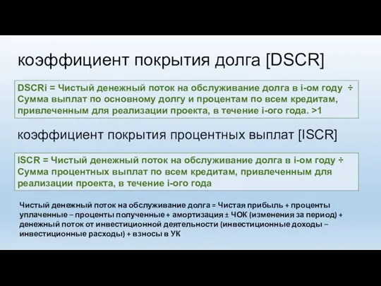 коэффициент покрытия долга [DSCR] DSCRi = Чистый денежный поток на