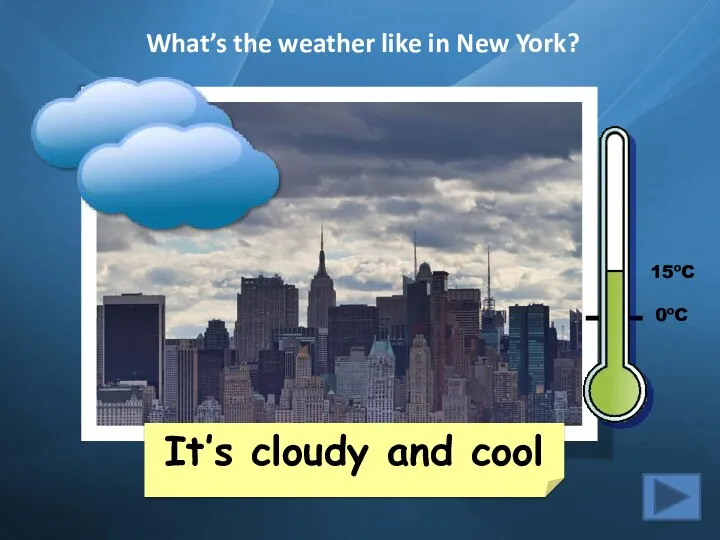 What’s the weather like in New York? It’s cloudy and cool 15ºC