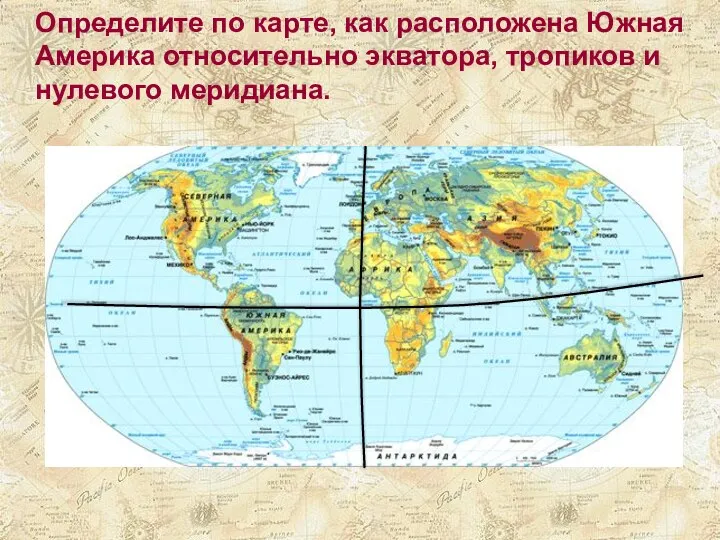 Определите по карте, как расположена Южная Америка относительно экватора, тропиков и нулевого меридиана.