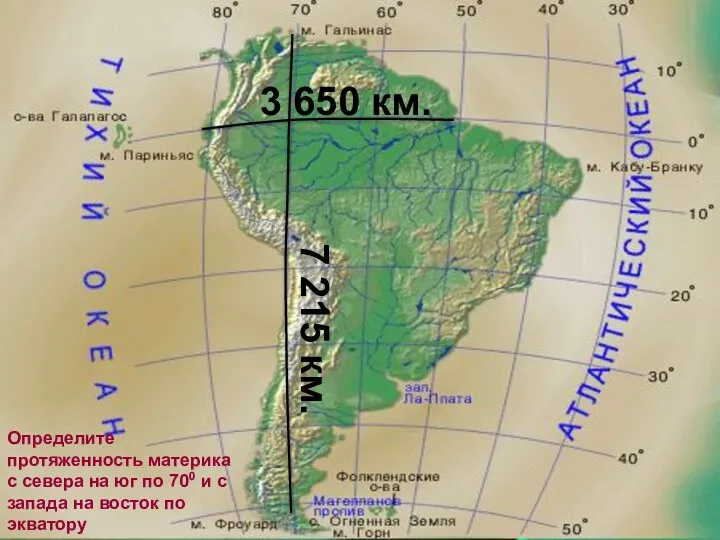 3 650 км. 7 215 км. Определите протяженность материка с