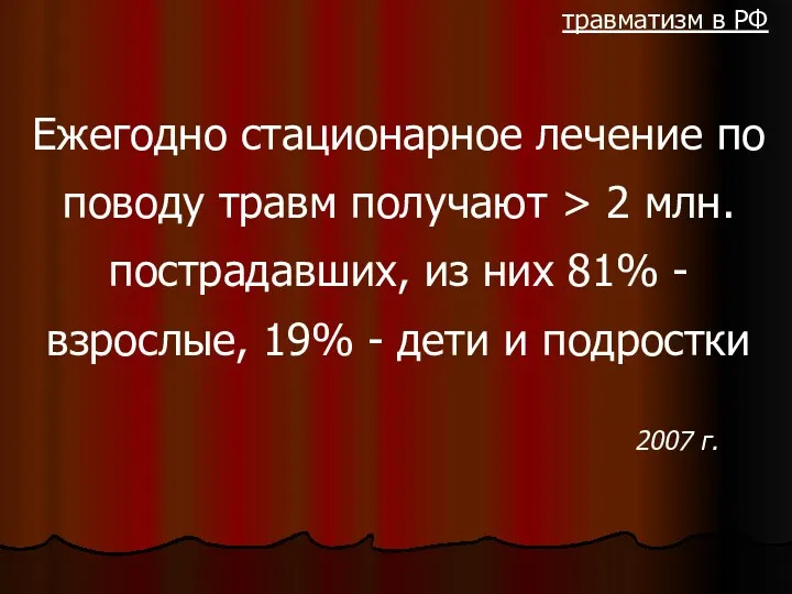 травматизм в РФ Ежегодно стационарное лечение по поводу травм получают