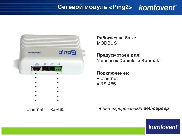 Сетевой модуль «Ping2» Работает на базе: MODBUS Подключение: ♦ Ethernet