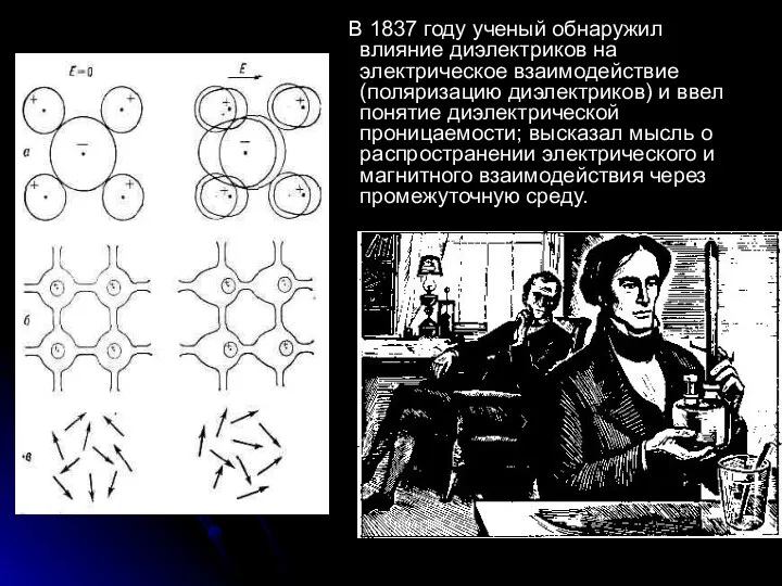 В 1837 году ученый обнаружил влияние диэлектриков на электрическое взаимодействие