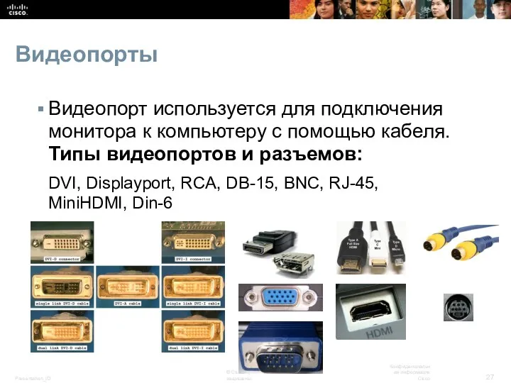 Видеопорты Видеопорт используется для подключения монитора к компьютеру с помощью