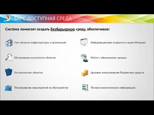 Учет объектов инфраструктуры и организаций Система помогает создать безбарьерную среду,