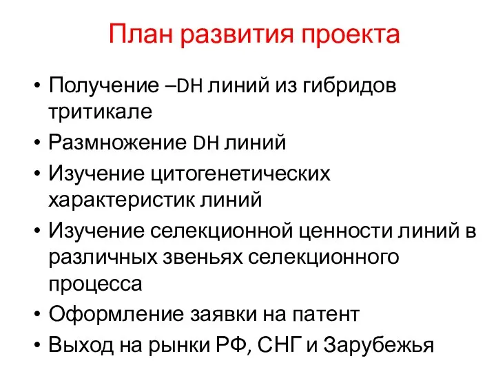 План развития проекта Получение –DH линий из гибридов тритикале Размножение DH линий Изучение