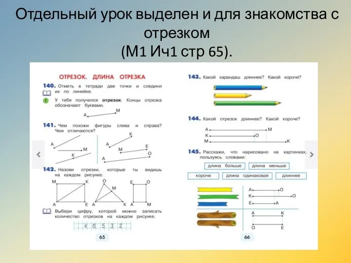 Отдельный урок выделен и для знакомства с отрезком (М1 Ич1 стр 65).