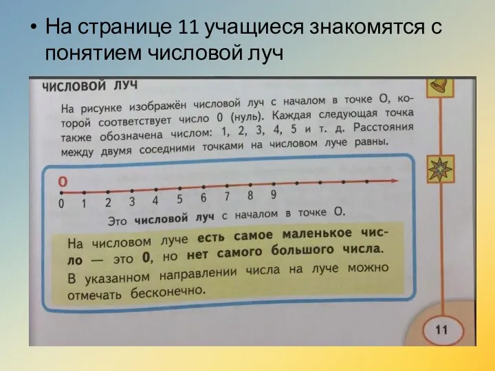 На странице 11 учащиеся знакомятся с понятием числовой луч