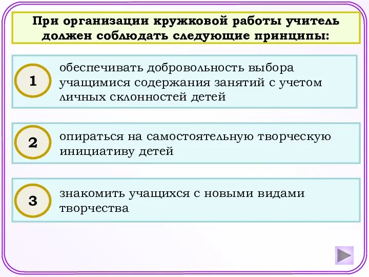 При организации кружковой работы учитель должен соблюдать следующие принципы: обеспечивать