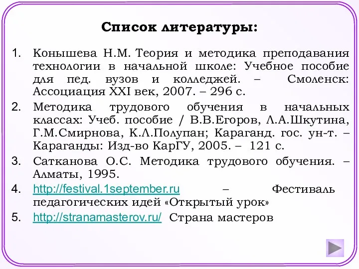 Список литературы: Конышева Н.М. Теория и методика преподавания технологии в