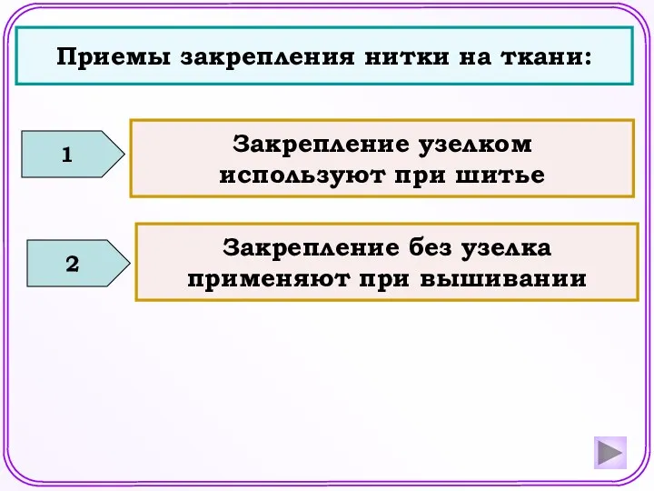 Приемы закрепления нитки на ткани: 1 2 Закрепление узелком используют