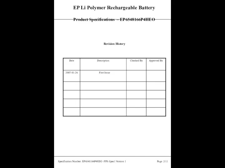 EP Li Polymer Rechargeable Battery Product Specifications – EP6548166P4HEO Specification