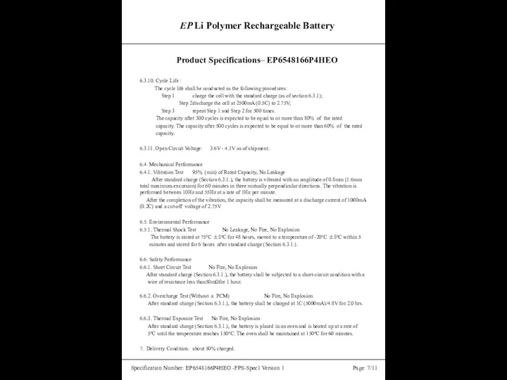 EP Li Polymer Rechargeable Battery Product Specifications– EP6548166P4HEO Specification Number: