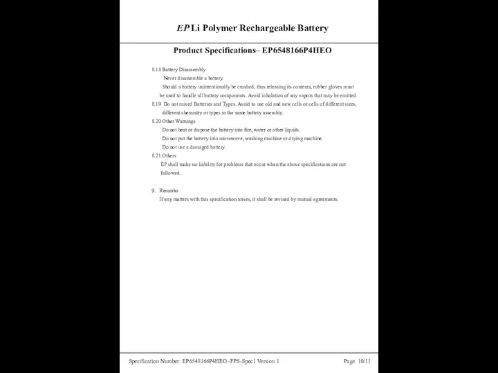 EP Li Polymer Rechargeable Battery Product Specifications– EP6548166P4HEO Specification Number: