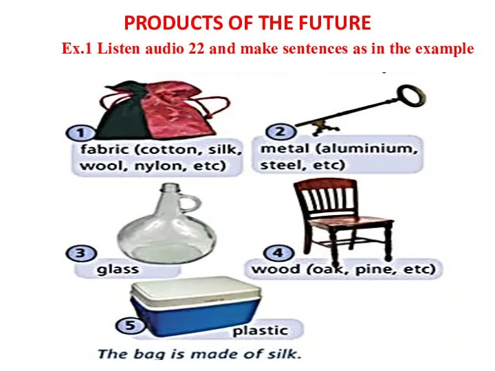 PRODUCTS OF THE FUTURE Ex.1 Listen audio 22 and make sentences as in the example
