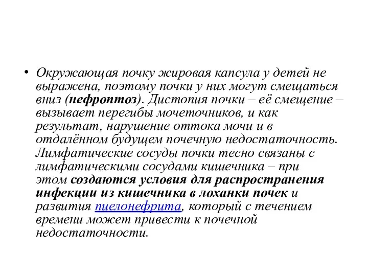 Окружающая почку жировая капсула у детей не выражена, поэтому почки