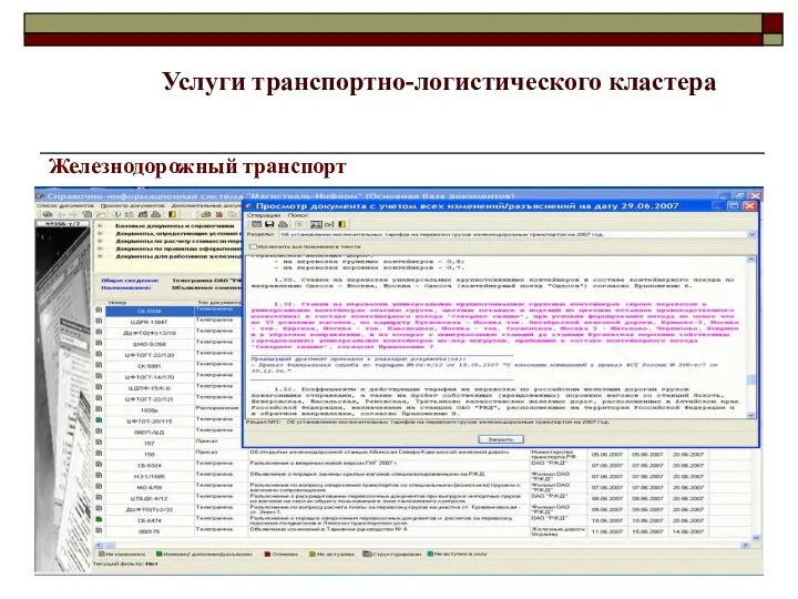 Железнодорожный транспорт Услуги транспортно-логистического кластера