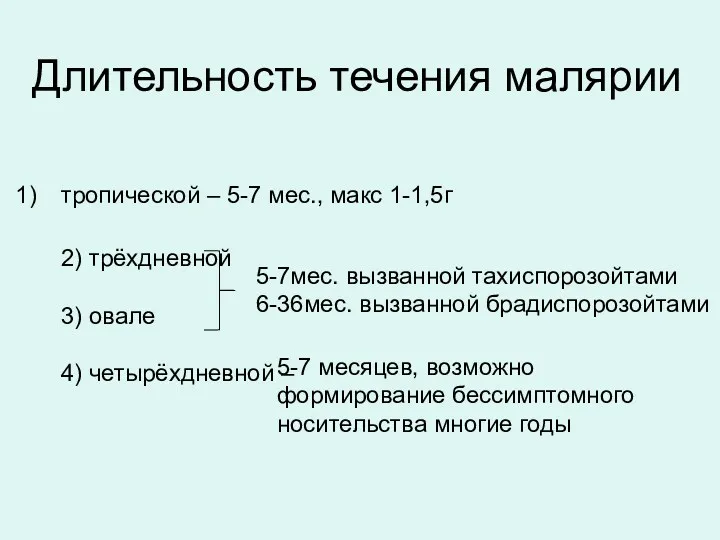 Длительность течения малярии тропической – 5-7 мес., макс 1-1,5г 2)