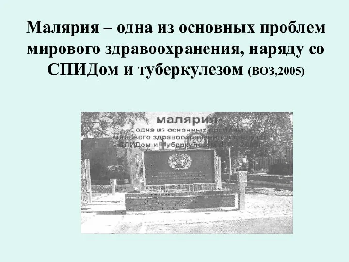 Малярия – одна из основных проблем мирового здравоохранения, наряду со СПИДом и туберкулезом (ВОЗ,2005)