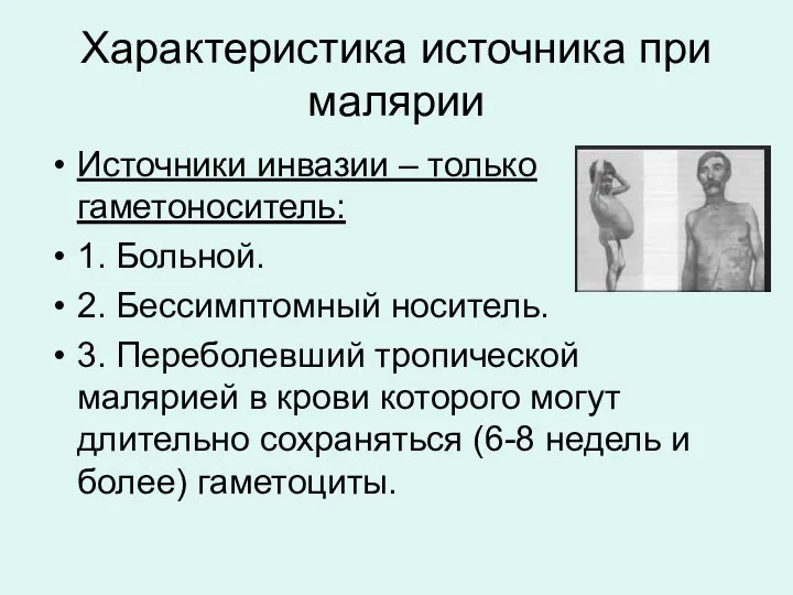 Характеристика источника при малярии Источники инвазии – только гаметоноситель: 1.